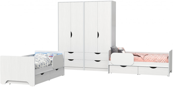 КР100 Уна 11.22 Две кровати с ящиками + 13.327 Два шкафа для одежды, цвет белый(структура Поры дерева), сп. м. 2х800х1600 мм., б/м, основание есть