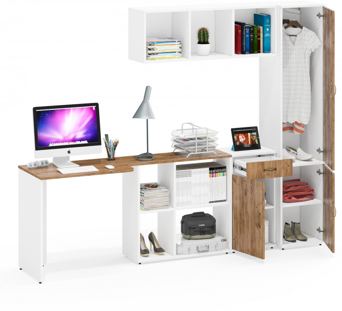 Лидер-8 Стол + Полка + Тумба МД 3.15 + Пенал МД 21Б, белый шагрень/крафт золото