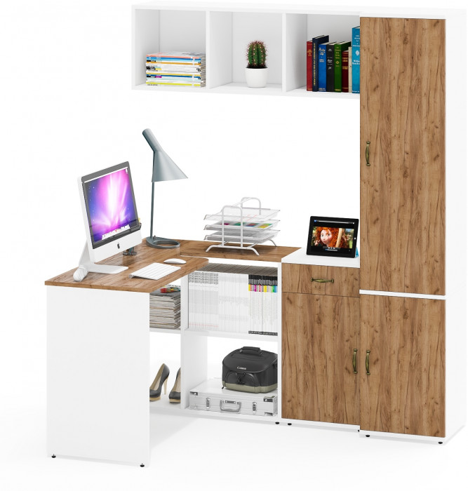 Лидер-8 Стол + Полка + Тумба МД 3.15 + Пенал МД 21Б, белый шагрень/крафт золото