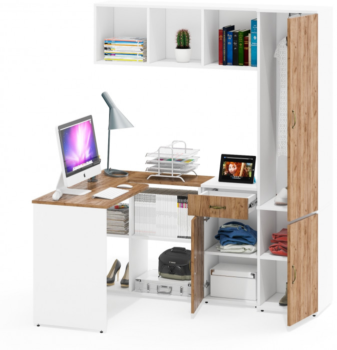 Лидер-8 Стол + Полка + Тумба МД 3.15 + Пенал МД 21Б, белый шагрень/крафт золото