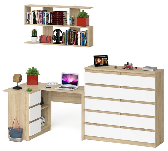 Мори компьютерный стол МС-16 левый + Комод МК1200.10 + Полка 1200, дуб сонома/белый