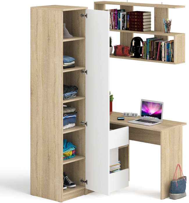 Мори компьютерный стол МС-16 левый + Пенал МШ400.1 + Полка 1200, дуб сонома/белый