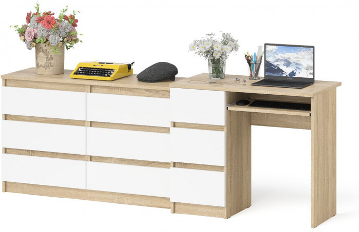 Мори компьютерный стол МС-6 левый + Комод МК1200.6, дуб сонома/белый