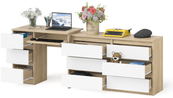 Мори компьютерный стол МС-6 левый + Комод МК1200.6, дуб сонома/белый
