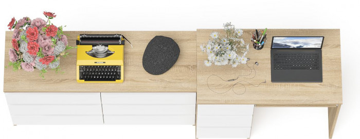 Мори компьютерный стол МС-6 левый + Комод МК1200.6, дуб сонома/белый