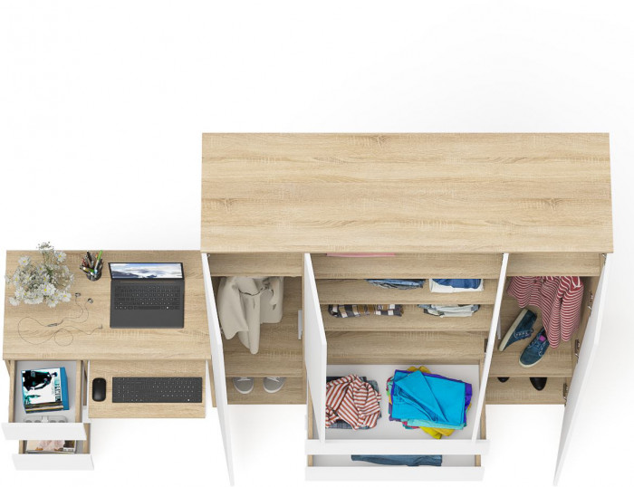 Мори компьютерный стол МС-6 левый + Шкаф МШ1600.1, дуб сонома/белый