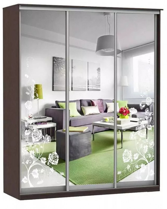 Шкаф купе Модерн 2076х450 3-х дверный 3-х секционный зеркальный с пескоструем №3 венге
