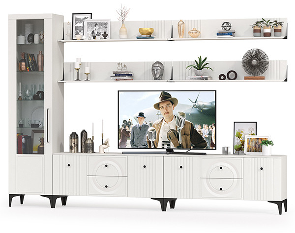 Валенсия Гостиная № 081, цвет ЛДСП белый шагрень/МДФ белый шагрень, ШхГхВ 321,2х38,3х225,2 см., универсальная сборка