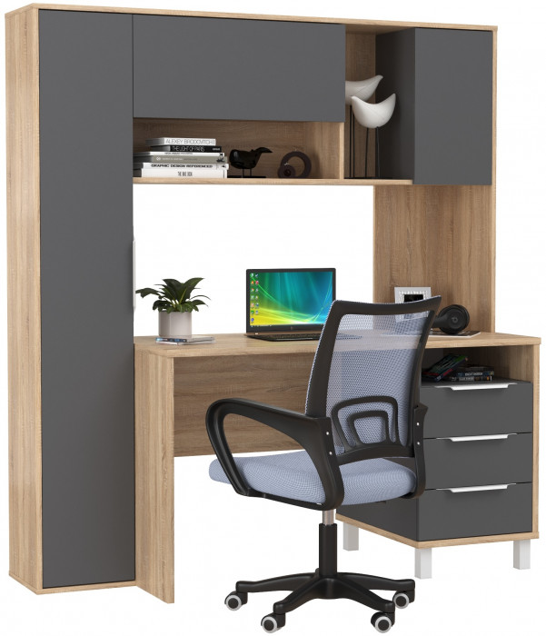 Стол компьютерный Комфорт 12.95N + кресло 103 серое, цвет дуб сонома/тёмно-серый, ШхГхВ 162х60,3х180 см., НЕ универсальная сборка