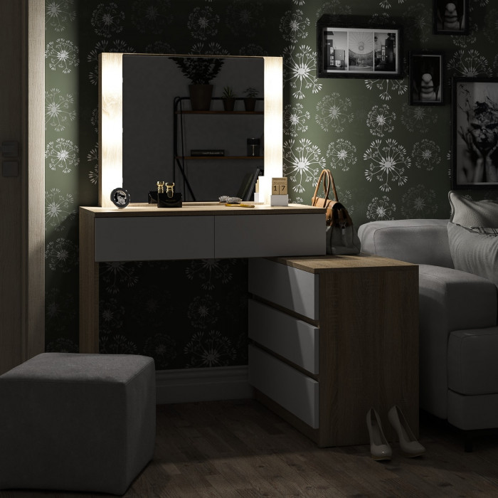 Стол косметический с подсветкой 110, дуб сонома/белый