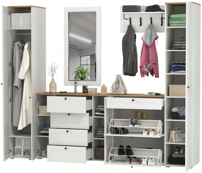 Остин Прихожая 58, цвет белый шагрень/дуб крафт золотой, ШхГхВ 280х54,3х229,6 см., универсальная сборка