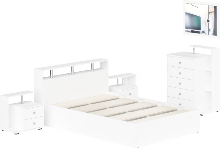 Камелия спальня № 5 Кровать 1400 + Две тумбы + Комод + Зеркало, белый