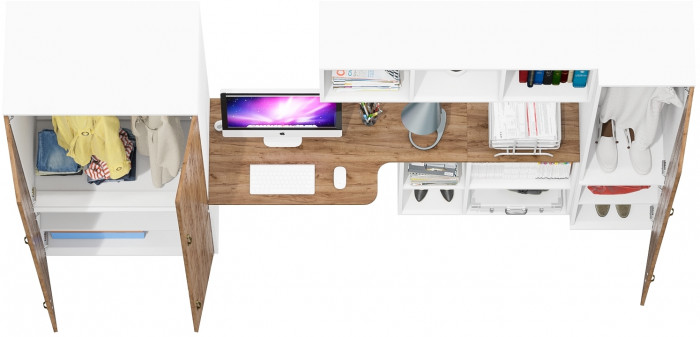 Лидер-8 Шкаф МД 19Б + Стол + Полка + Пенал 21Б, белый шагрень/крафт золото