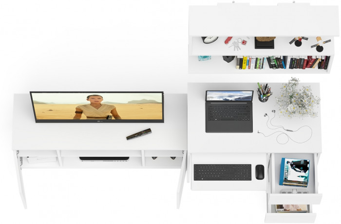 Мори компьютерный стол МС-6 правый + Тумба МТВ1200.1 + Полка 900, белый