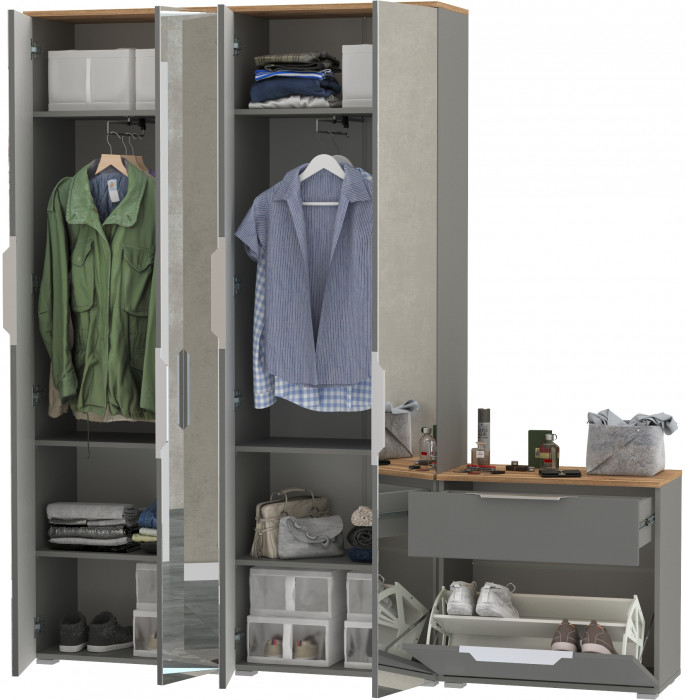 Октава Прихожая 24, цвет серый графит/дуб крафт золотой/фасады МДФ серый графит, ШхГхВ 193,7х35,4х197,6 см., универсальная сборка