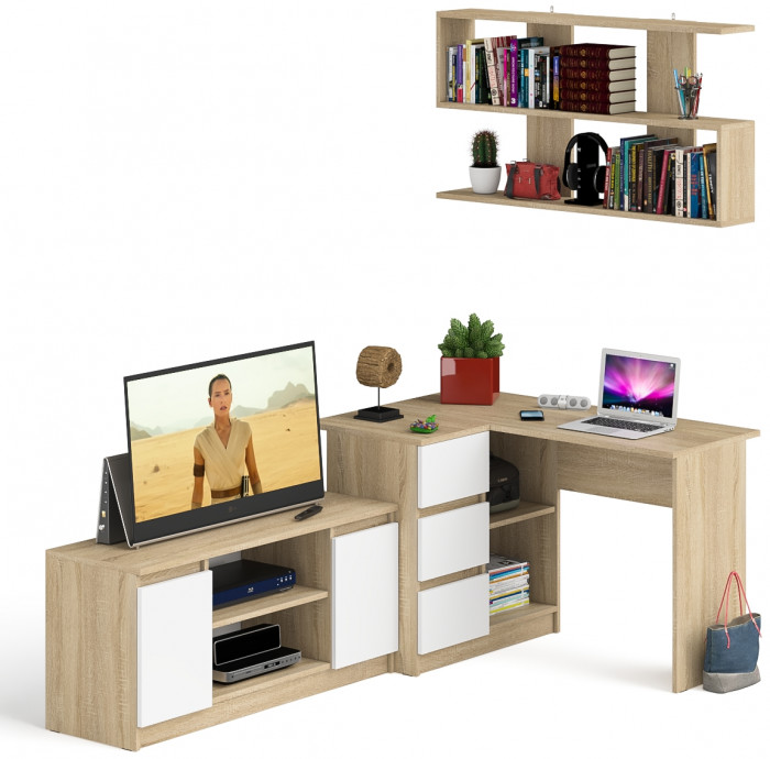 Мори компьютерный стол МС-16 левый + Тумба МТВ1200.1 + Полка 1200, дуб сонома/белый