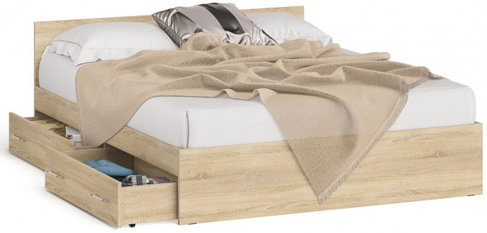 Мори Кровать с ящиками 1600, цвет дуб сонома, ШхГхВ 163,5х203,5х70 см., сп.м. 1600х2000 мм., без матраса, основание есть