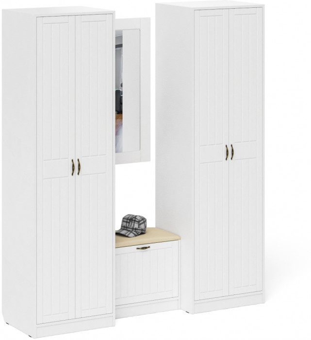 Прихожая П-6 Компоновка № 08, цвет белая шагрень/фасады МДФ белое дерево фрезеровка прованс, ШхГхВ 180х50х210 см., универсальная сборка