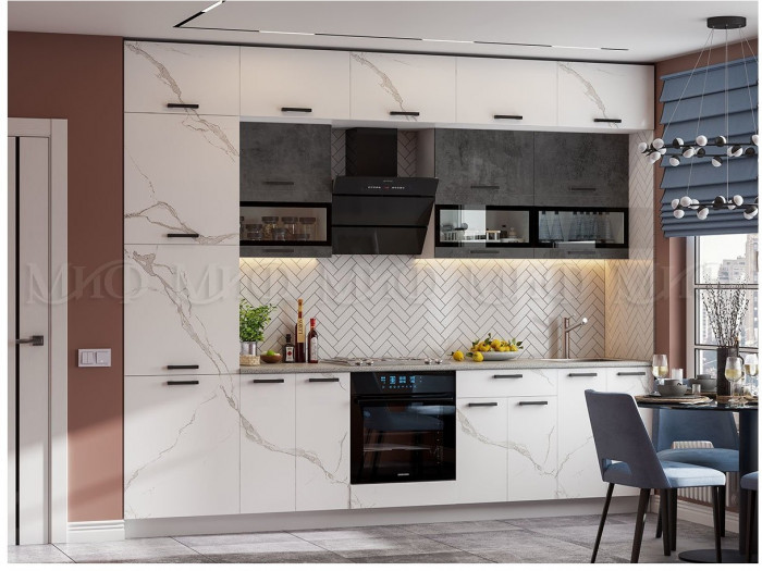 Кухня МДФ Техно 3,0 Компоновка №2 (Мрамор белый / Бетон графит, Белый)