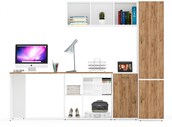 Лидер-8 Стол + Полка + Тумба МД 3.15 + Пенал МД 23Б, белый шагрень/крафт золото